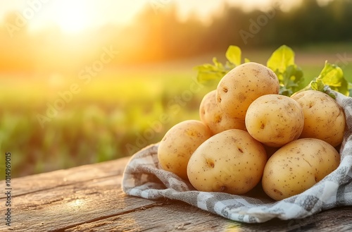 Freshly picked potatoes on a wooden table with a blurred background of a field. photo