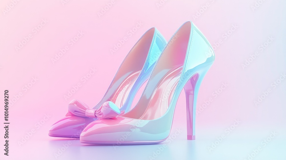 A pair of pastel-colored high heels with a playful bow, positioned on a bright white background, appealing to a youthful, fun-loving audience.