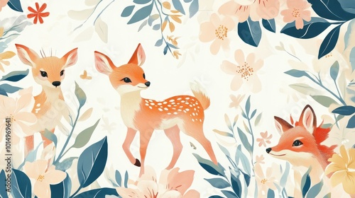 A playful scene of pastel-colored woodland creatures, including a deer and a fox, surrounded by flowers and leaves, presented on a white backdrop.