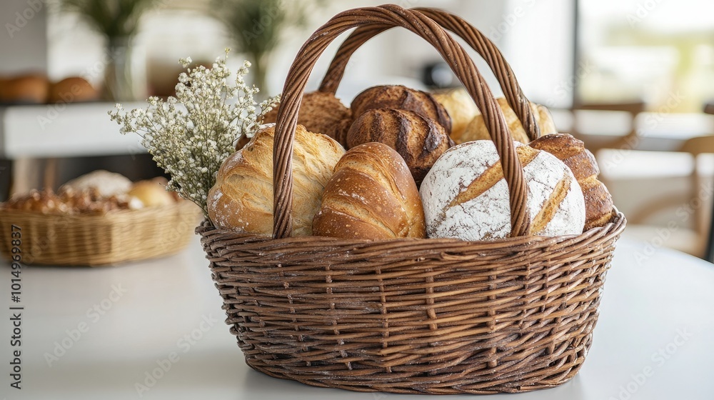 A rustic wicker basket filled with assorted baked goods, like bread and pastries, presenting a cozy bakery vibe on a bright white surface. A rustic wicker basket filled with assorted baked goods, like bread and pastries, presenting a cozy bakery vibe on a bright white surface.