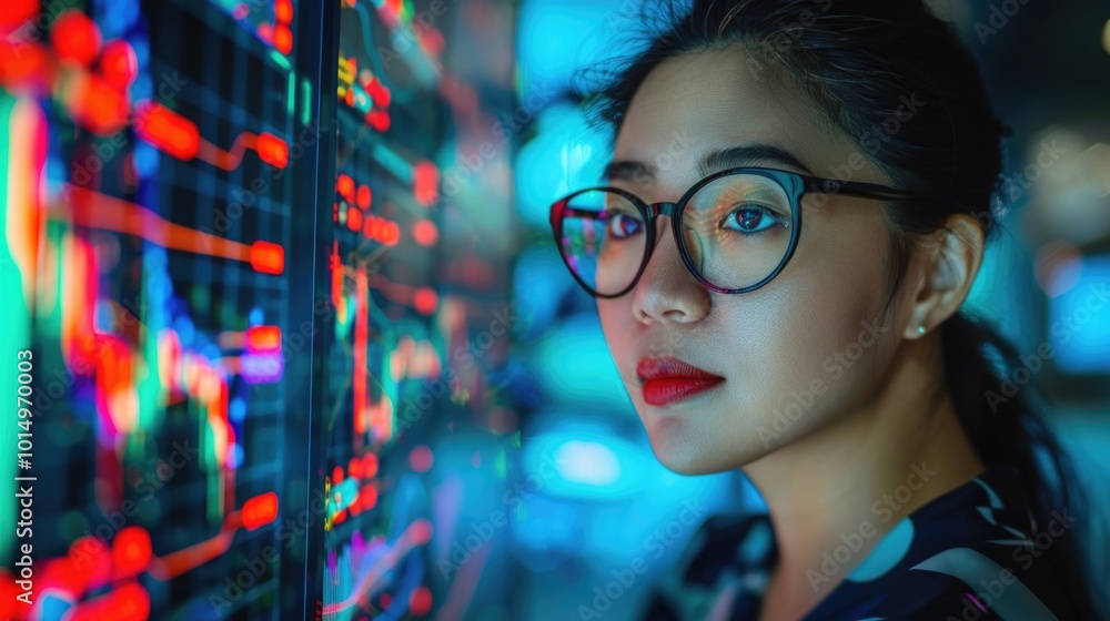 A businesswoman examining stock market trends on a screen A businesswoman examining stock market trends on a screen