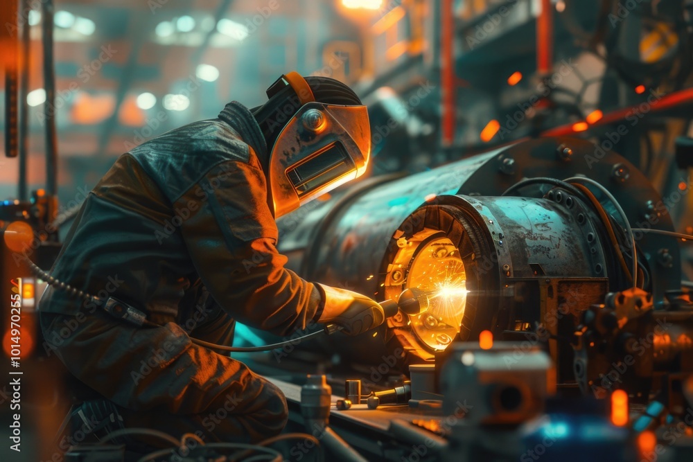 A person wearing a welding mask works on a piece of metal, focusing on the task at hand A person wearing a welding mask works on a piece of metal, focusing on the task at hand