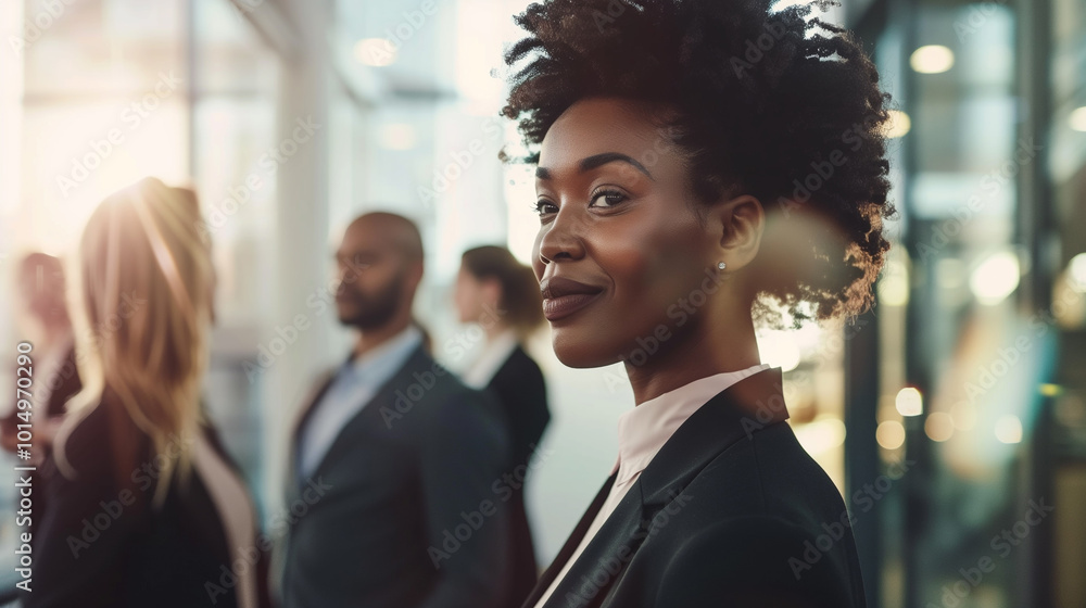 A Close-Up of Diverse Business Professionals in Modern Office Lobby, Emphasizing Confident Expressions and Dynamic Labor Market, with Blurred Urban Cityscape Background. A Close-Up of Diverse Business Professionals in Modern Office Lobby, Emphasizing Confident Expressions and Dynamic Labor Market, with Blurred Urban Cityscape Background.