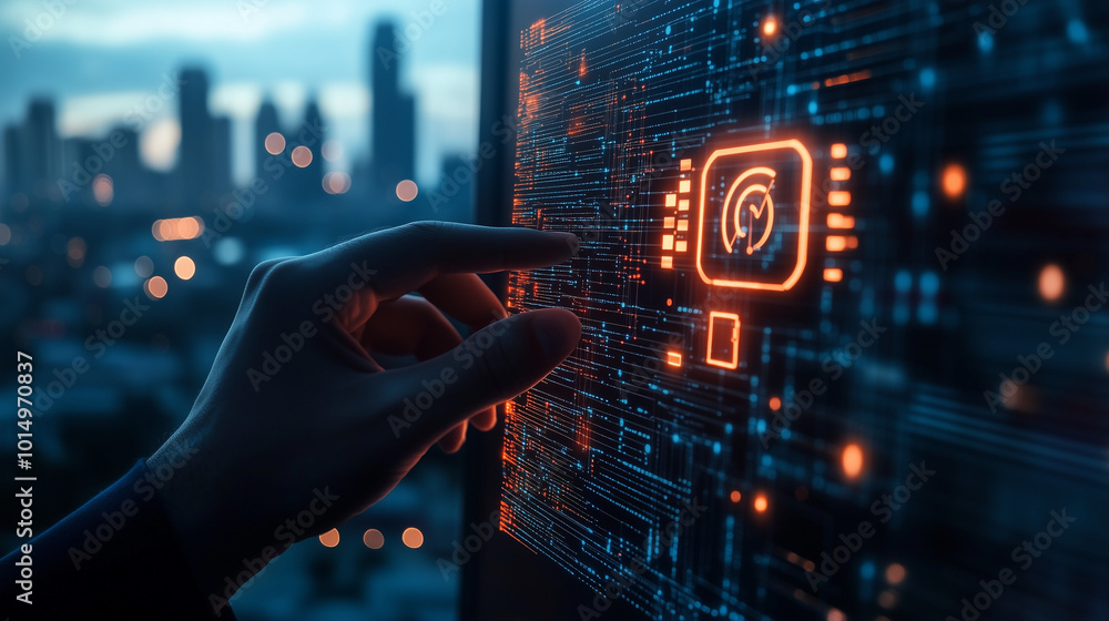 Businessman pointing at AI icons with digital interface overlay on blurred city background. Concept of business strategy and technology driven network. Businessman pointing at AI icons with digital interface overlay on blurred city background. Concept of business strategy and technology driven network.
