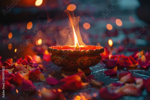 A lit candle surrounded by delicate rose petals