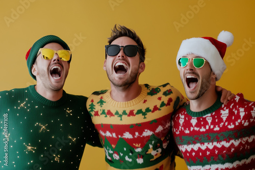  A lighthearted holiday gathering where guests wear their most outrageous and funny holiday sweaters in a festive, playful atmosphere. with empty copy space for branding. photo