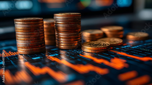 A focused photograph featuring coins and a stock market chart on a table, with a blurred background that emphasizes the financial theme. This image captures the essence of investment and economic acti photo