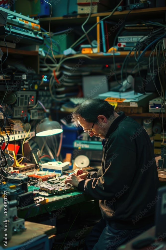 Man working on electronics in a workshop Man working on electronics in a workshop