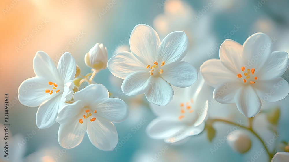 A macro shot of white stock flowers a blurred soft color background A macro shot of white stock flowers a blurred soft color background
