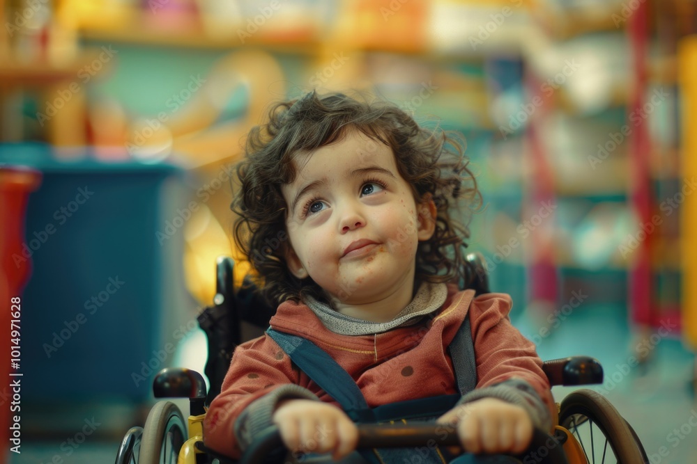 A young child sits in a wheelchair looking upwards, with a hopeful expression A young child sits in a wheelchair looking upwards, with a hopeful expression