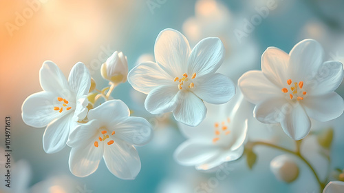 A macro shot of white stock flowers a blurred soft color background