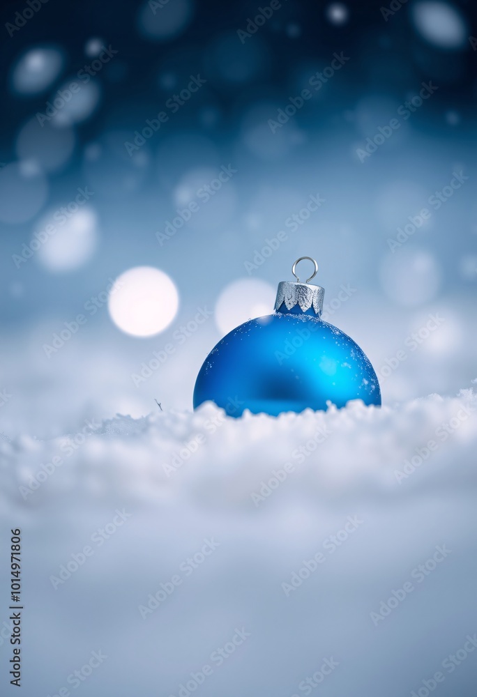 Blue Christmas Ornament in Snowy Field with Cool-Toned Bokeh Lights and Falling Snowflakes Blue Christmas Ornament in Snowy Field with Cool-Toned Bokeh Lights and Falling Snowflakes