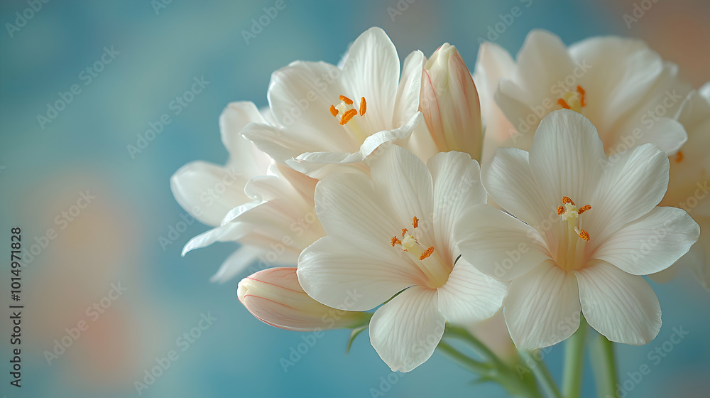 A macro shot of white tuberose flowers a blurred soft color background A macro shot of white tuberose flowers a blurred soft color background