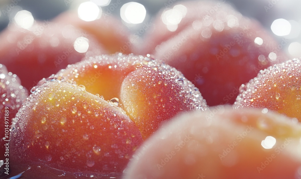 Close-up of fresh, dewy apricots. Close-up of fresh, dewy apricots.