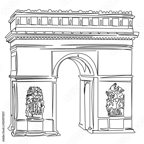 Photography One continuous single drawing line art doodle arch, monument, vector, architecture, paris, triumphal, tourism