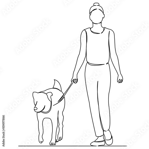 One continuous single drawing line art doodle girl dog young female animal fashion friend. Isolated flat illustration hand draw contour on a white background
