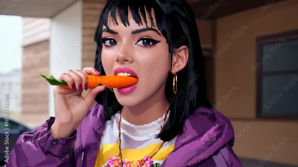 Young Woman Playfully Bites a Carrot Outdoors in Casual Fashion Generative AI Young Woman Playfully Bites a Carrot Outdoors in Casual Fashion Generative AI