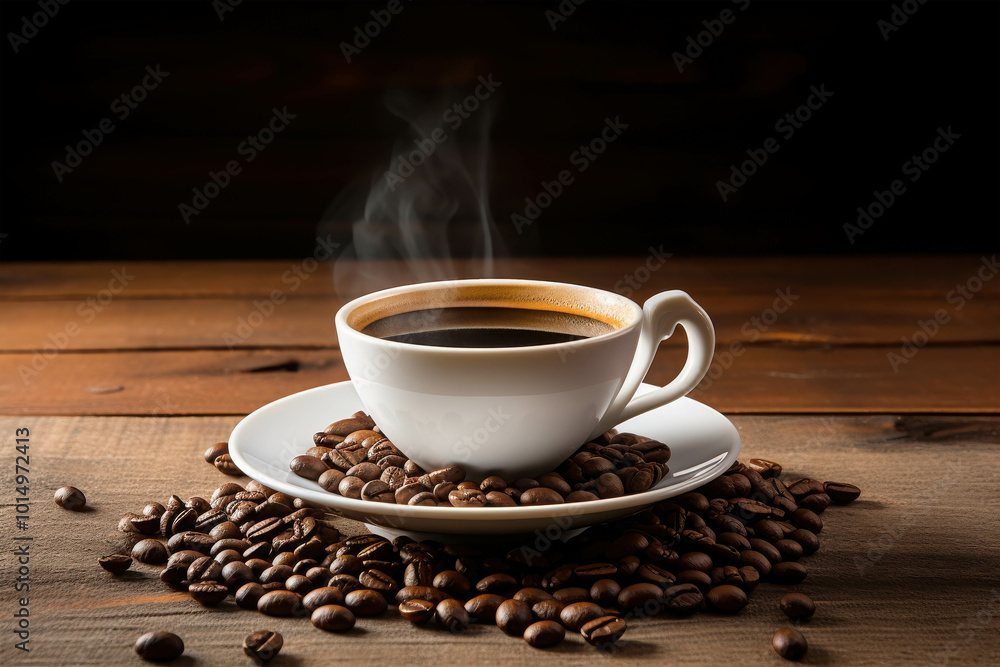 Steaming Coffee Cup on Wooden Table Steaming Coffee Cup on Wooden Table