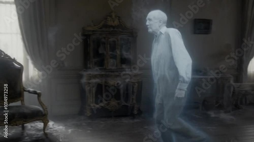 Haunted House Ghost.  Generated video.  An animated video of an old man’s ghost walking through a ruined living room in a haunted house.