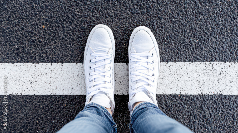 A person is standing on a white line on a black road A person is standing on a white line on a black road