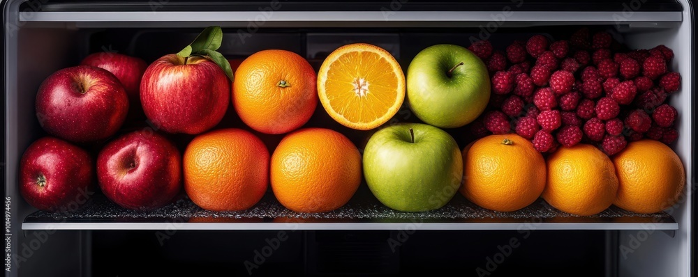 Open refrigerator filled with fresh fruits like apples, oranges, and berries, vibrant colors, soft cold lighting, condensation on shelves, ultrarealistic freshness and cool storage Open refrigerator filled with fresh fruits like apples, oranges, and berries, vibrant colors, soft cold lighting, condensation on shelves, ultrarealistic freshness and cool storage