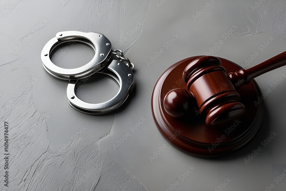Gavel and handcuffs on grey wooden table Gavel and handcuffs on grey wooden table
