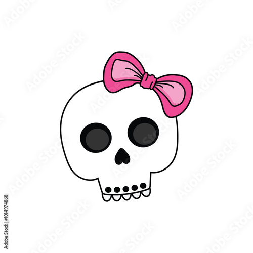 Cute Kawaii skull with a pink bow on its head on a white background.