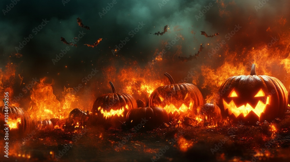 Jack-o'-lanterns engulfed in flames create a spooky Halloween scene. Jack-o'-lanterns engulfed in flames create a spooky Halloween scene.