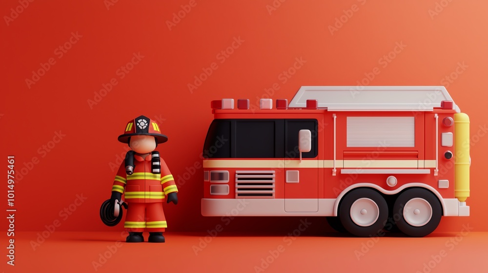 Little firefighter, holding hose, cartoon fire truck, 3D illustration Little firefighter, holding hose, cartoon fire truck, 3D illustration