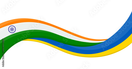 Wavy ribbon banner of Ukraine National flag with India National Flag. Unity and cooperation symbol. Logo for charity social events, NGO, sports team, peace summit. Vector illustration.