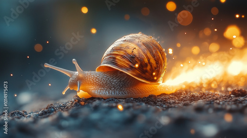 Fast snail with a fiery tail.  The concept - a small business may be strong. photo