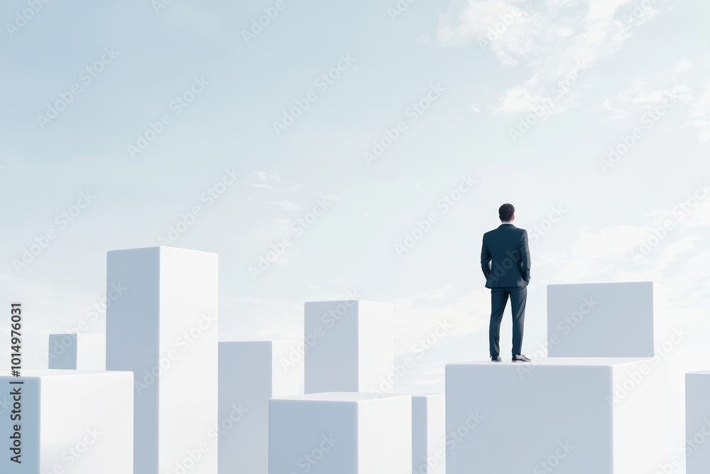 A man in a suit stands atop white geometric structures, gazing into the open sky, symbolizing ambition and the pursuit of success. A man in a suit stands atop white geometric structures, gazing into the open sky, symbolizing ambition and the pursuit of success.
