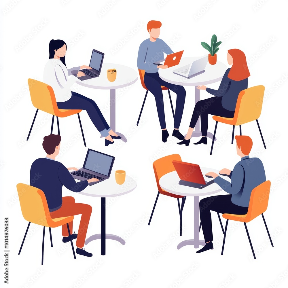 A modern workspace illustration featuring diverse individuals collaborating on laptops in a cozy café-like setting. A modern workspace illustration featuring diverse individuals collaborating on laptops in a cozy café-like setting.