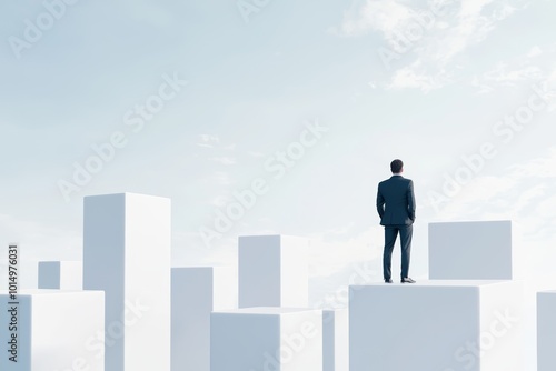 A man in a suit stands atop white geometric structures, gazing into the open sky, symbolizing ambition and the pursuit of success.