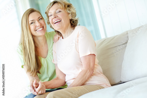 Sofa, senior mother and woman in portrait with connection, funny memory and bonding together in home. Happy people, mom and adult daughter with love embrace for family, relationship and laughing