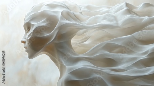 Illustration of an abstract human figure in motion, positioned at a side angle to capture the flow of lines and shapes. The background is a white canvas with soft natural lighting 