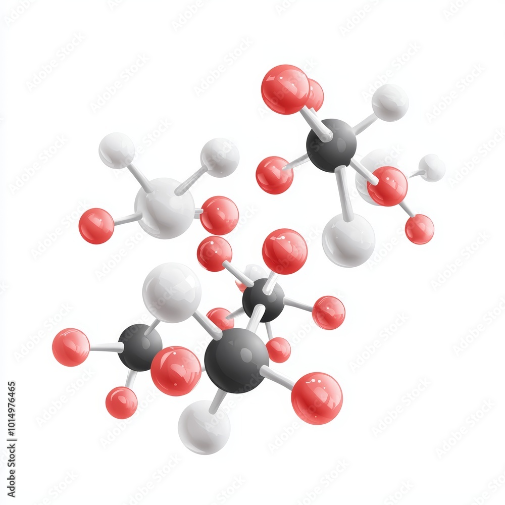 Obraz premium A 3D illustration of molecular structures with red, black, and white spheres representing atoms interconnected by bonds.