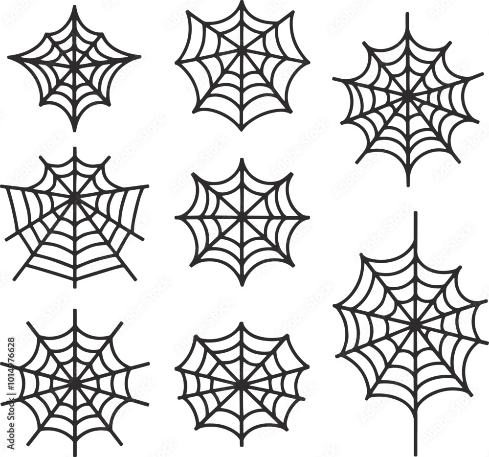 Sleek Black and White Vector Set of 8 Spider Web Variations Minimalist and Clean Design with Different Sizes and Stylizations for Versatile Design Projects. Perfect for Digital and Print Use Sleek Black and White Vector Set of 8 Spider Web Variations Minimalist and Clean Design with Different Sizes and Stylizations for Versatile Design Projects. Perfect for Digital and Print Use