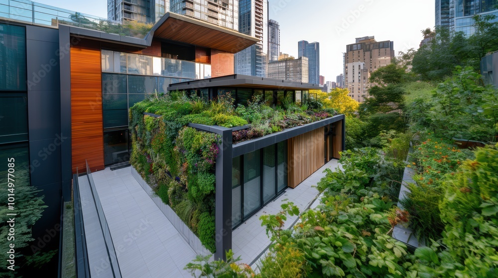A contemporary urban building with a dense, vibrant rooftop garden, showcasing sustainable design and integration of nature in city architecture.
A contemporary urban building with a dense, vibrant rooftop garden, showcasing sustainable design and integration of nature in city architecture.