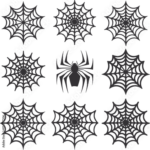 Sleek Black and White Vector Set of 8 Spider Web Variations Minimalist and Clean Design with Different Sizes and Stylizations for Versatile Design Projects. Perfect for Digital and Print Use