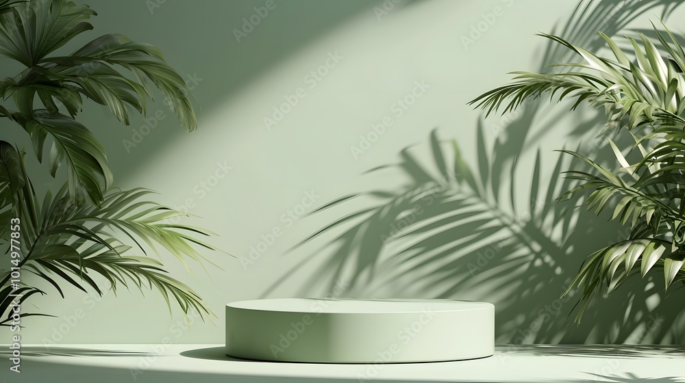 Green Cylindrical Platform with Palm Leaves and Shadows Green Cylindrical Platform with Palm Leaves and Shadows