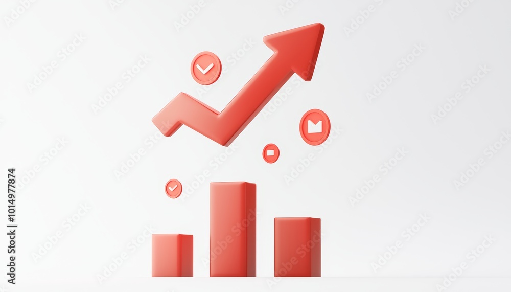 A 3D graphic depicting an upward trend in statistics, featuring red bars and an arrow, symbolizing growth and success in data analysis.