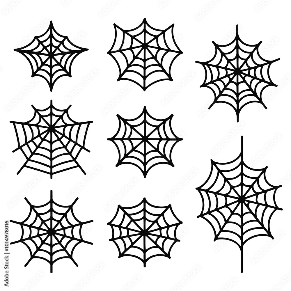 Sleek Black and White Vector Set of 8 Spider Web Variations Minimalist and Clean Design with Different Sizes and Stylizations for Versatile Design Projects. Perfect for Digital and Print Use Sleek Black and White Vector Set of 8 Spider Web Variations Minimalist and Clean Design with Different Sizes and Stylizations for Versatile Design Projects. Perfect for Digital and Print Use