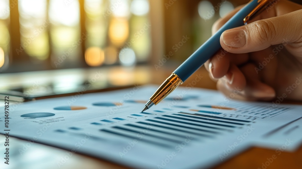 A hand holding a pen reviews financial charts and graphs on paper, emphasizing analysis and strategy in a professional setting. A hand holding a pen reviews financial charts and graphs on paper, emphasizing analysis and strategy in a professional setting.