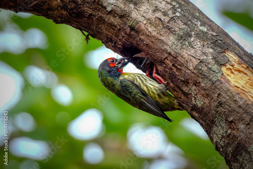 the coppersmith barbet bird is carrying food to take to the nest photo