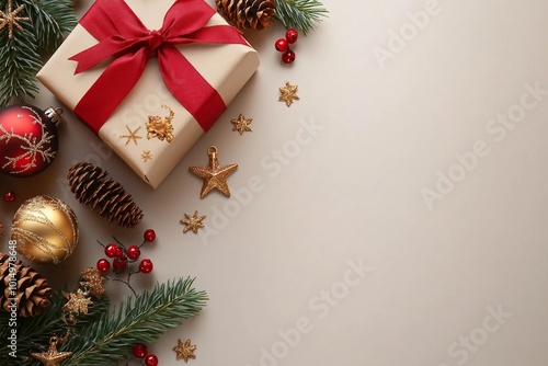 Share your warm wishes with this image idea. Top view of magnificent giftbox with red ribbon, sparkling ornaments, frosty fir, cone, holly berries, candle on light backdrop, ready for personalized ad photo