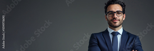 Confident Businessman in Formal Attire with Glasses Against a Dark Background