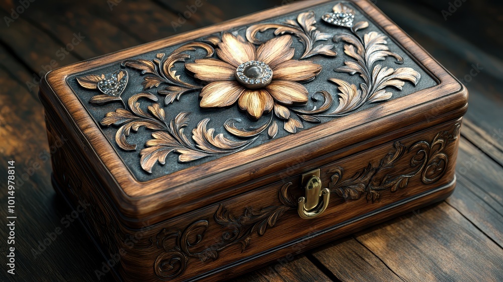 A beautifully crafted wooden box with intricate floral carvings, featuring a prominent flower design and a rich, warm finish. A beautifully crafted wooden box with intricate floral carvings, featuring a prominent flower design and a rich, warm finish.