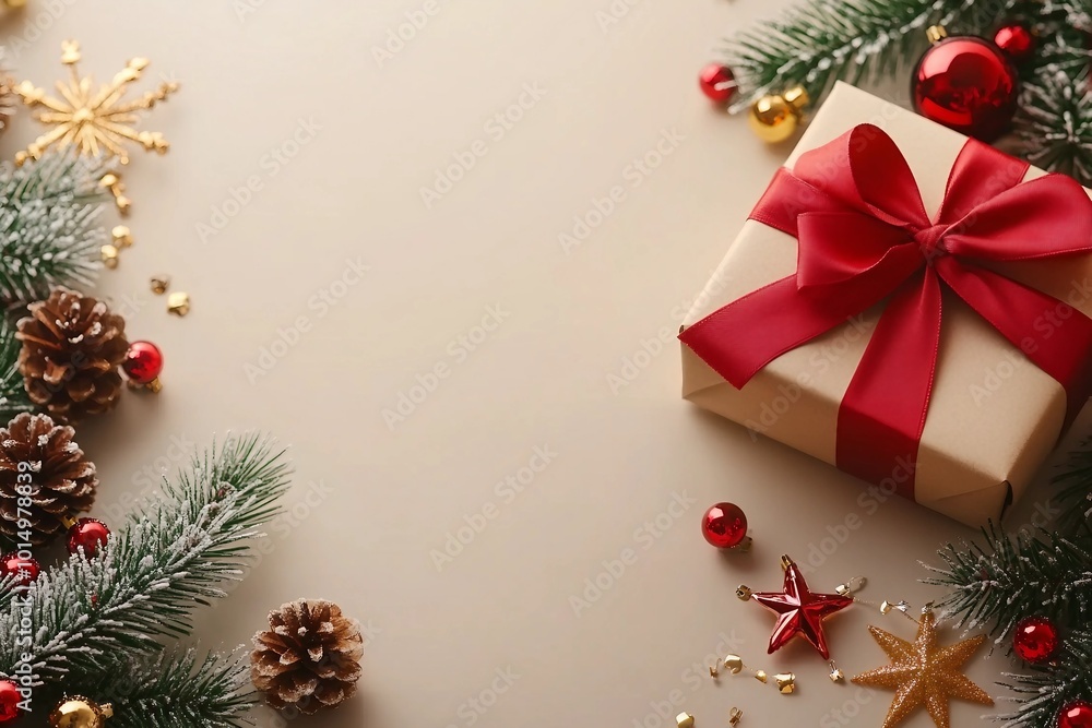 Share your warm wishes with this image idea. Top view of magnificent giftbox with red ribbon, sparkling ornaments, frosty fir, cone, holly berries, candle on light backdrop, ready for personalized ad Share your warm wishes with this image idea. Top view of magnificent giftbox with red ribbon, sparkling ornaments, frosty fir, cone, holly berries, candle on light backdrop, ready for personalized ad