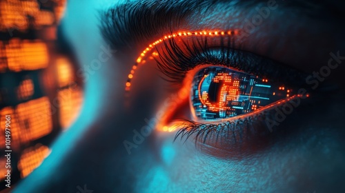 A futuristic, close-up view of an eye reflecting digital data and technology, emphasizing the integration of humanity and advanced computing.